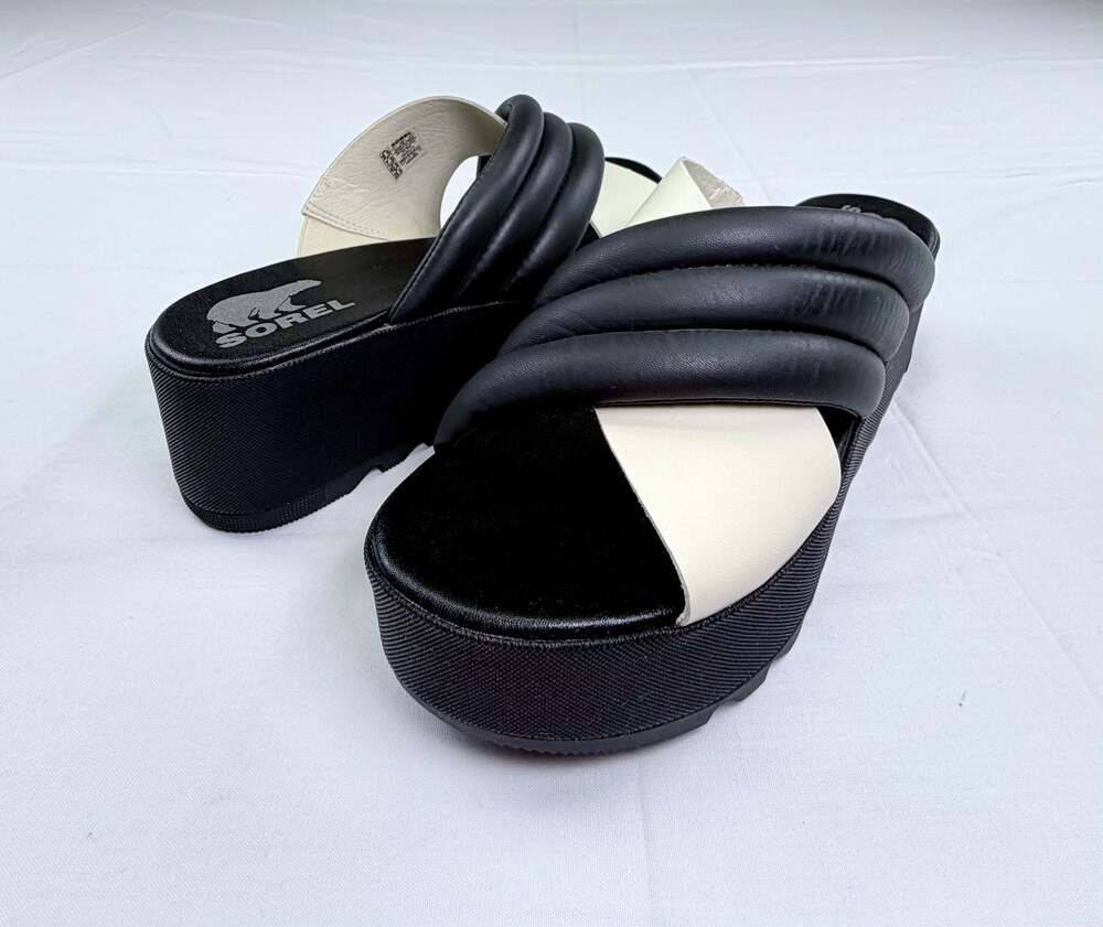Sorel Cameron Flatform Wedge Sandals - Black/Sea Salt Size 9.5